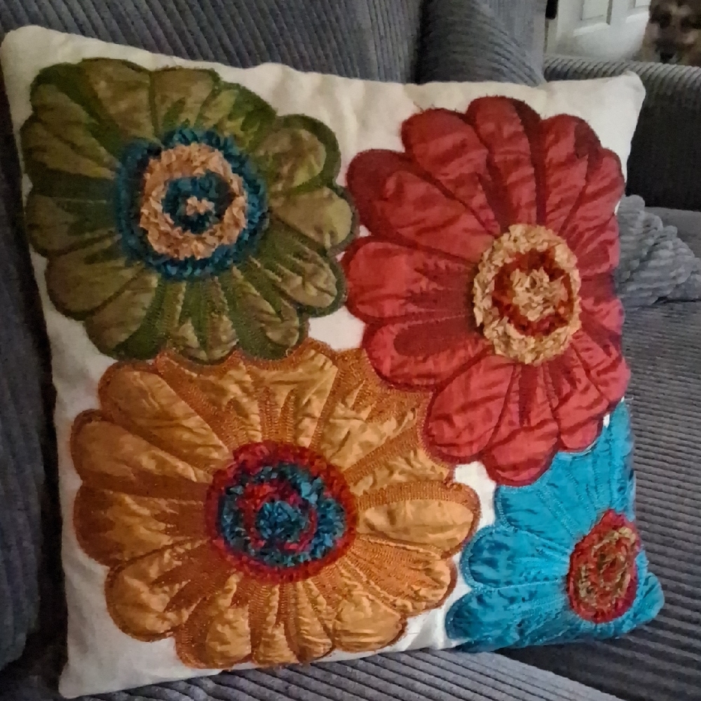 Pier 1 Pillow Colorful Fabric With Red Back Zipper Tag with Antique Brass Logo